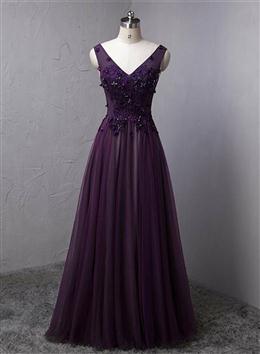 Picture of Dark Purple V-neckline Beaded Tulle Long Formal Dresses, Purple Evening Dresses
